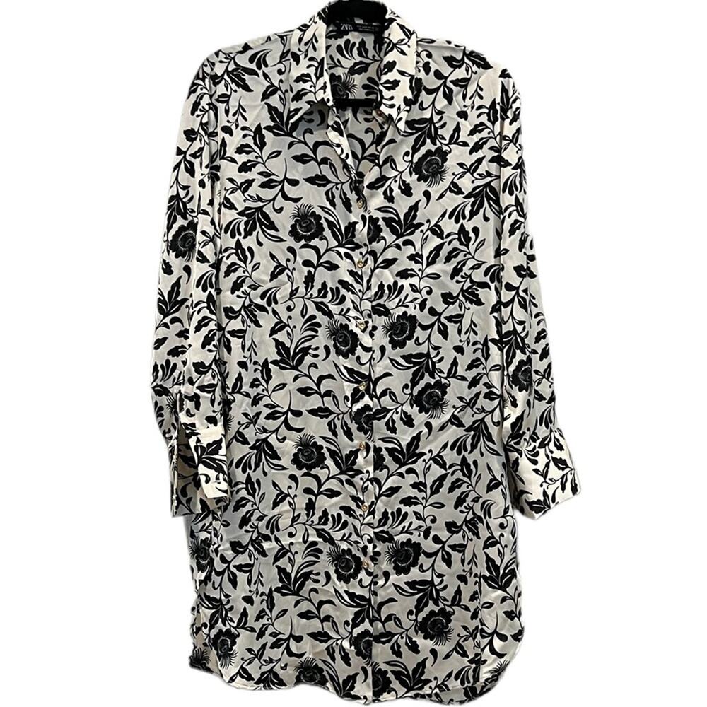 Zara Floral Satin Shirt Dress Black White Tunic Mini Size Small
